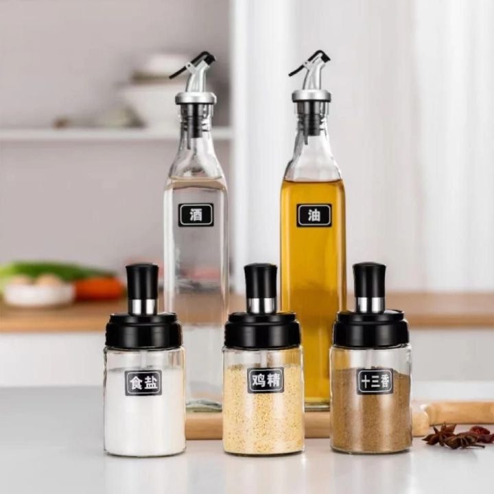 5pc set Glass oil bottle and seasoning bottle with lid kitchen gadgets.