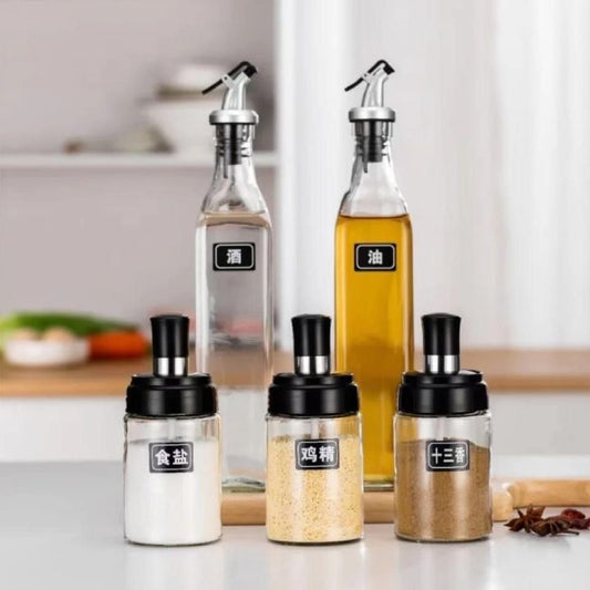 5pc set Glass oil bottle and seasoning bottle with lid kitchen gadgets.
